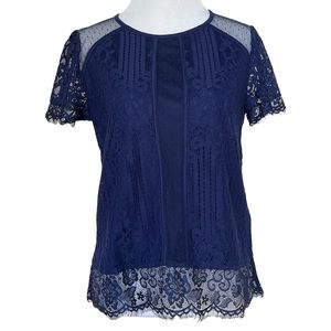 EXPRESS Short Sleeve Blue Lace Detail Blouse / Shirt